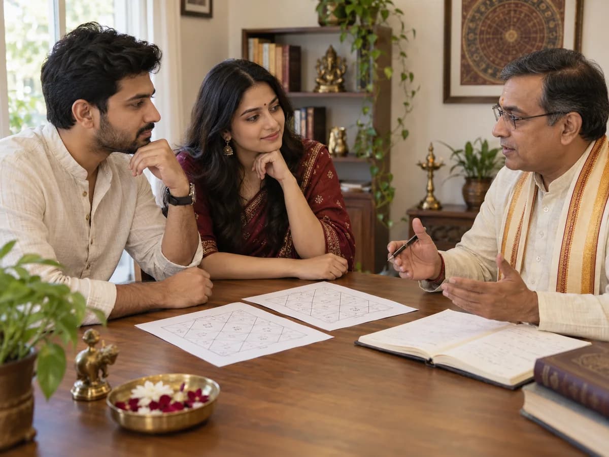 A couple discuss their birth charts with an astrologer during a marriage consultation.
