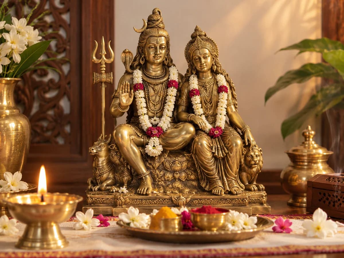 Shiva and Parvati together on a devotional altar with flowers and a brass diya.
