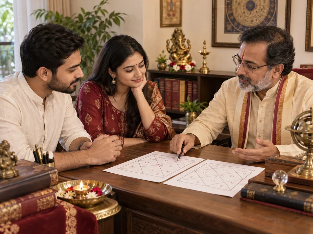 A couple consults an astrologer who compares their two kundali charts.