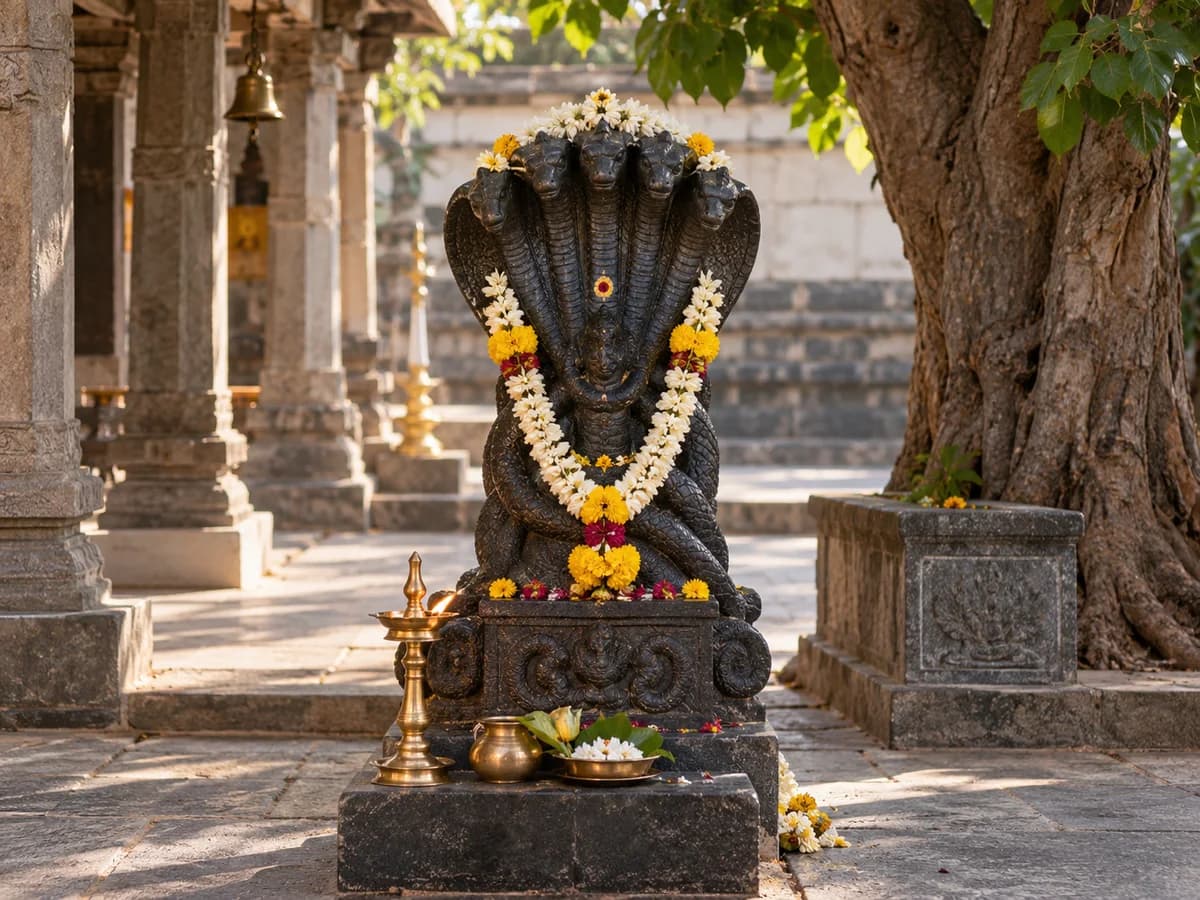 A carved Naga Devata shrine adorned with flowers, with a brass diya and offerings.