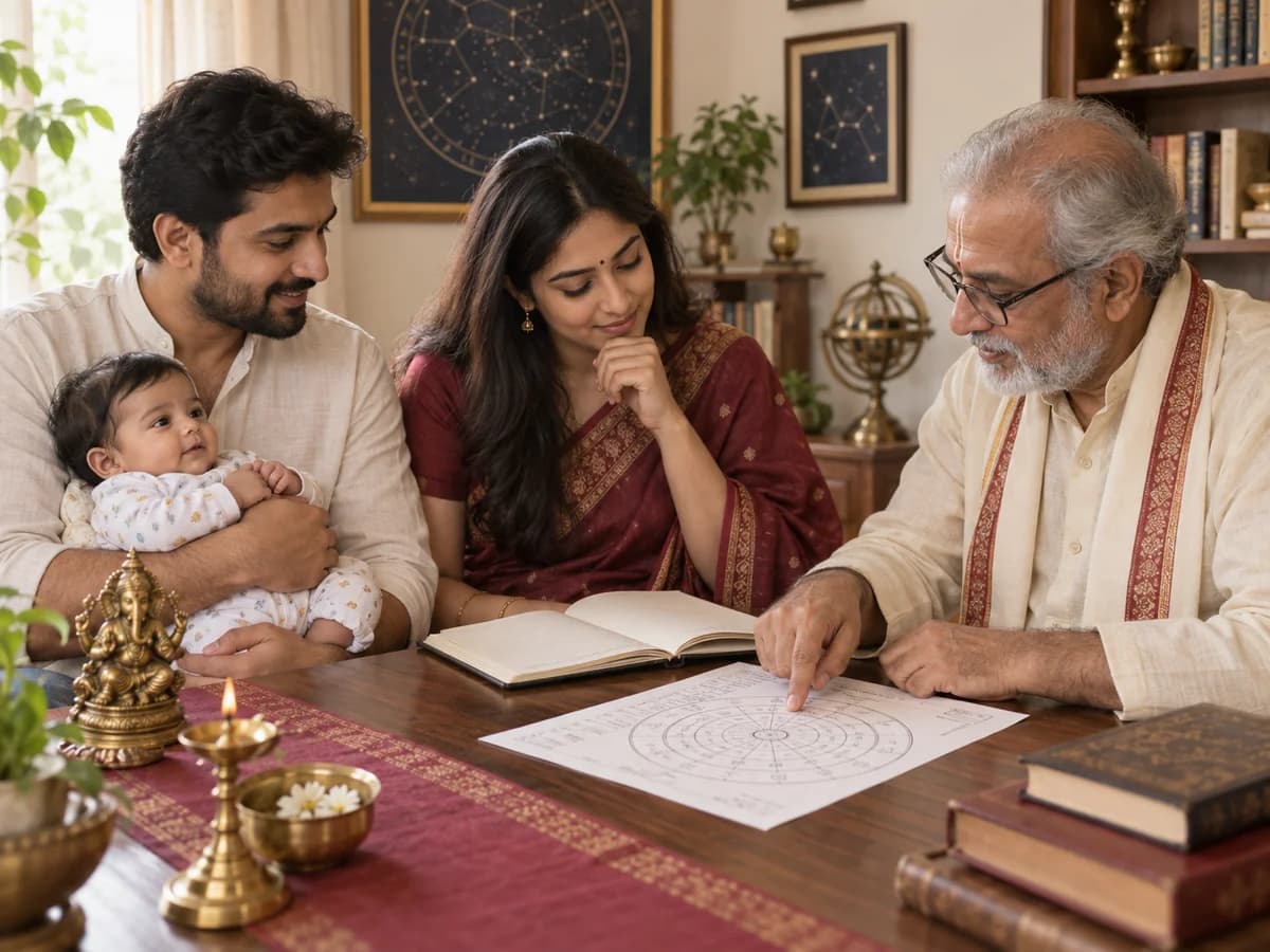 Parents and an astrologer review a birth-star chart and baby-name options.