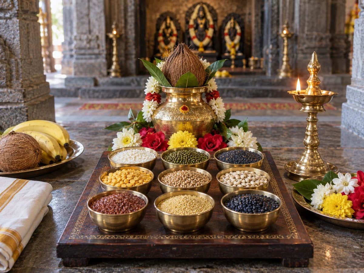 Nine grain offerings, a decorated kalash and a brass diya arranged for Navagraha worship.
