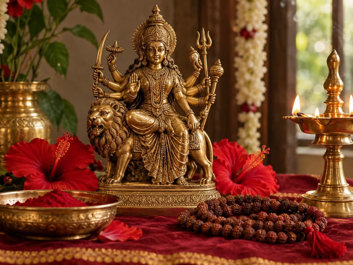 A Durga idol with red flowers, kumkum, prayer beads and a lit deepam.