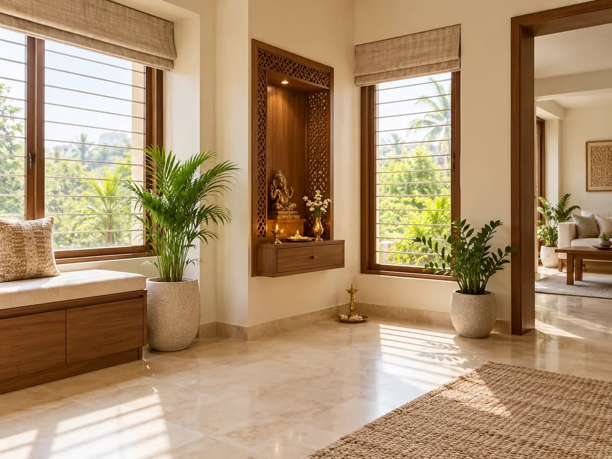 A bright, uncluttered corner of an Indian home with windows, a small pooja niche and open floor space.