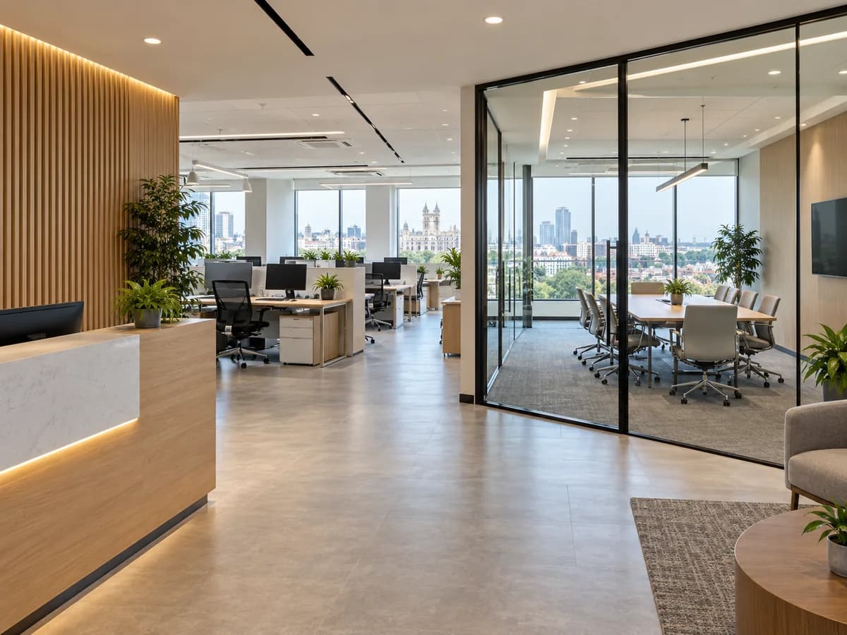 A naturally lit office with reception, organized workstations and a glass meeting room.