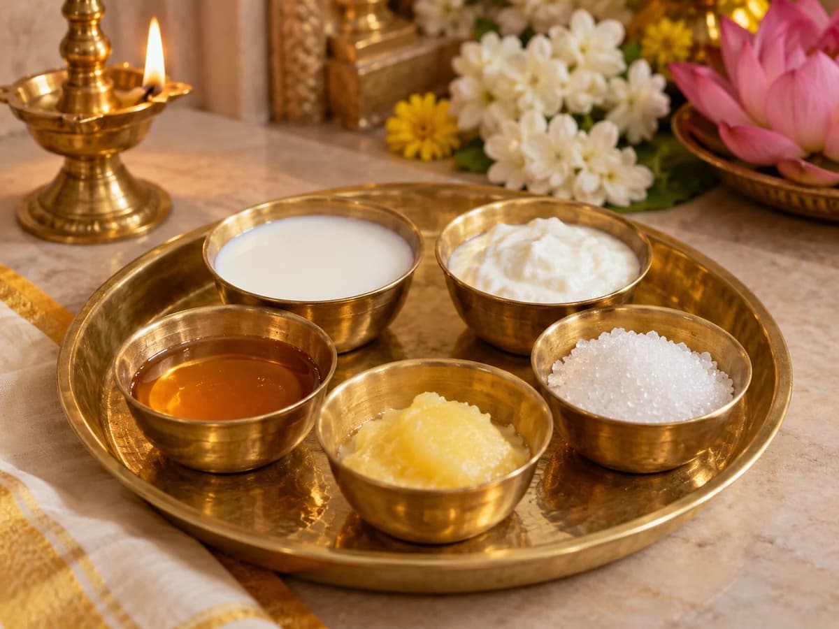Five brass bowls holding milk, curd, honey, ghee and sugar for Panchamrutha Abhishekam.