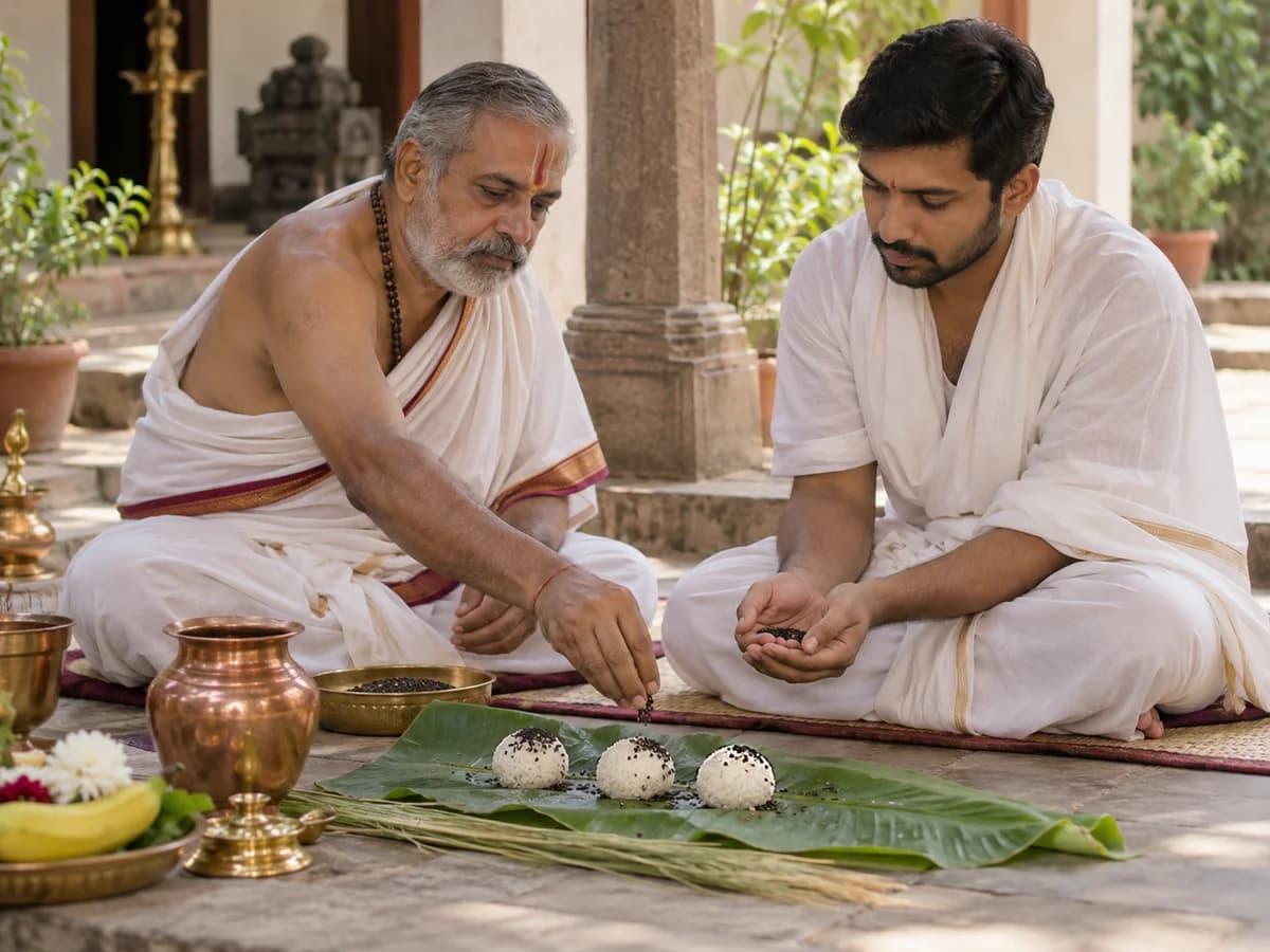 A purohit and devotee prepare rice offerings for Pinda Pradanam.