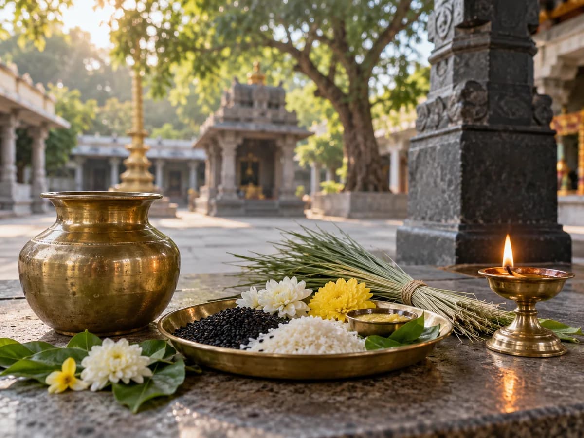 Brass vessels, sesame and rice offerings, darbha grass and a lit diya prepared for ancestral worship.