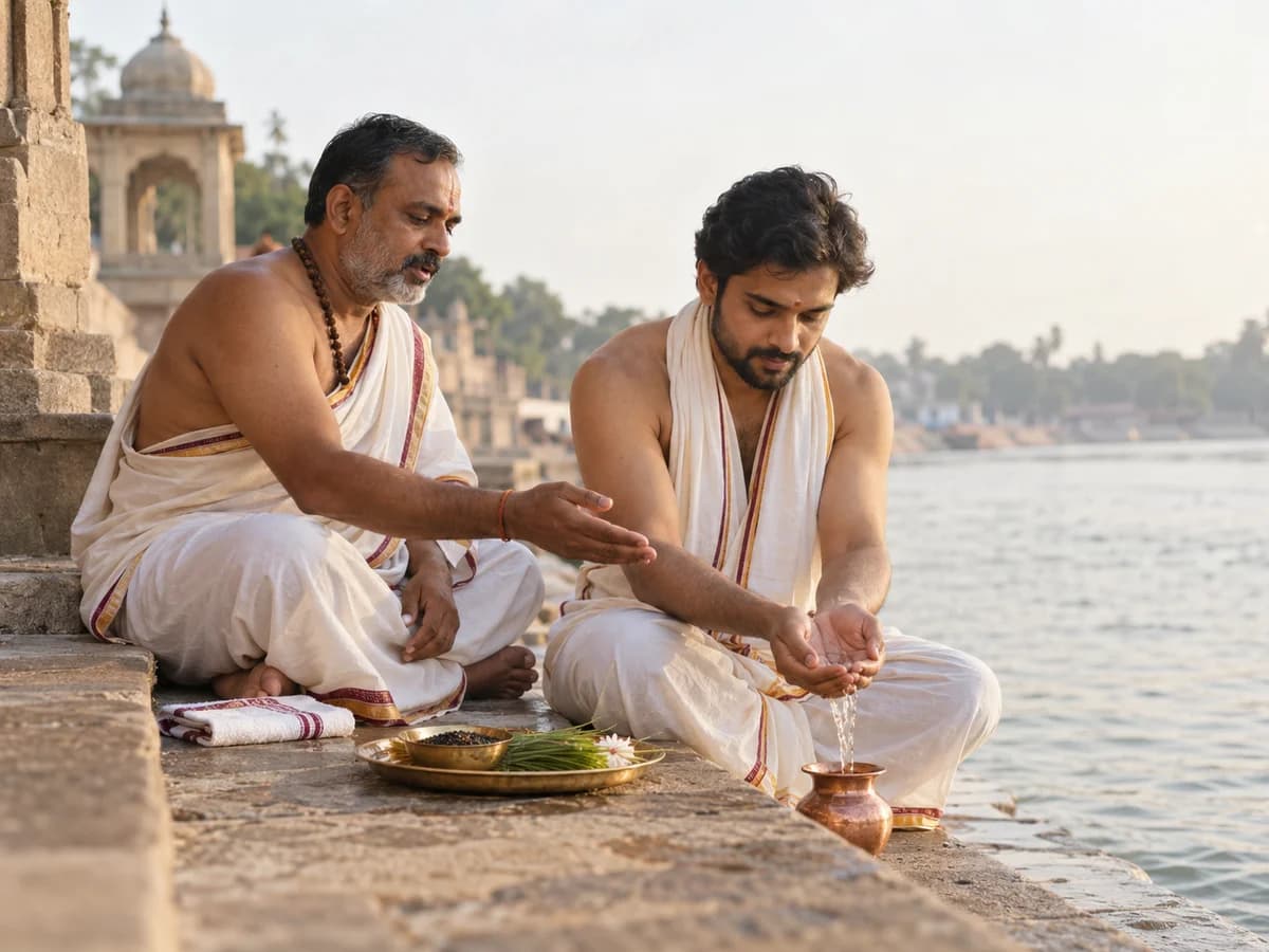A purohit guides a devotee through traditional ancestral water offerings.