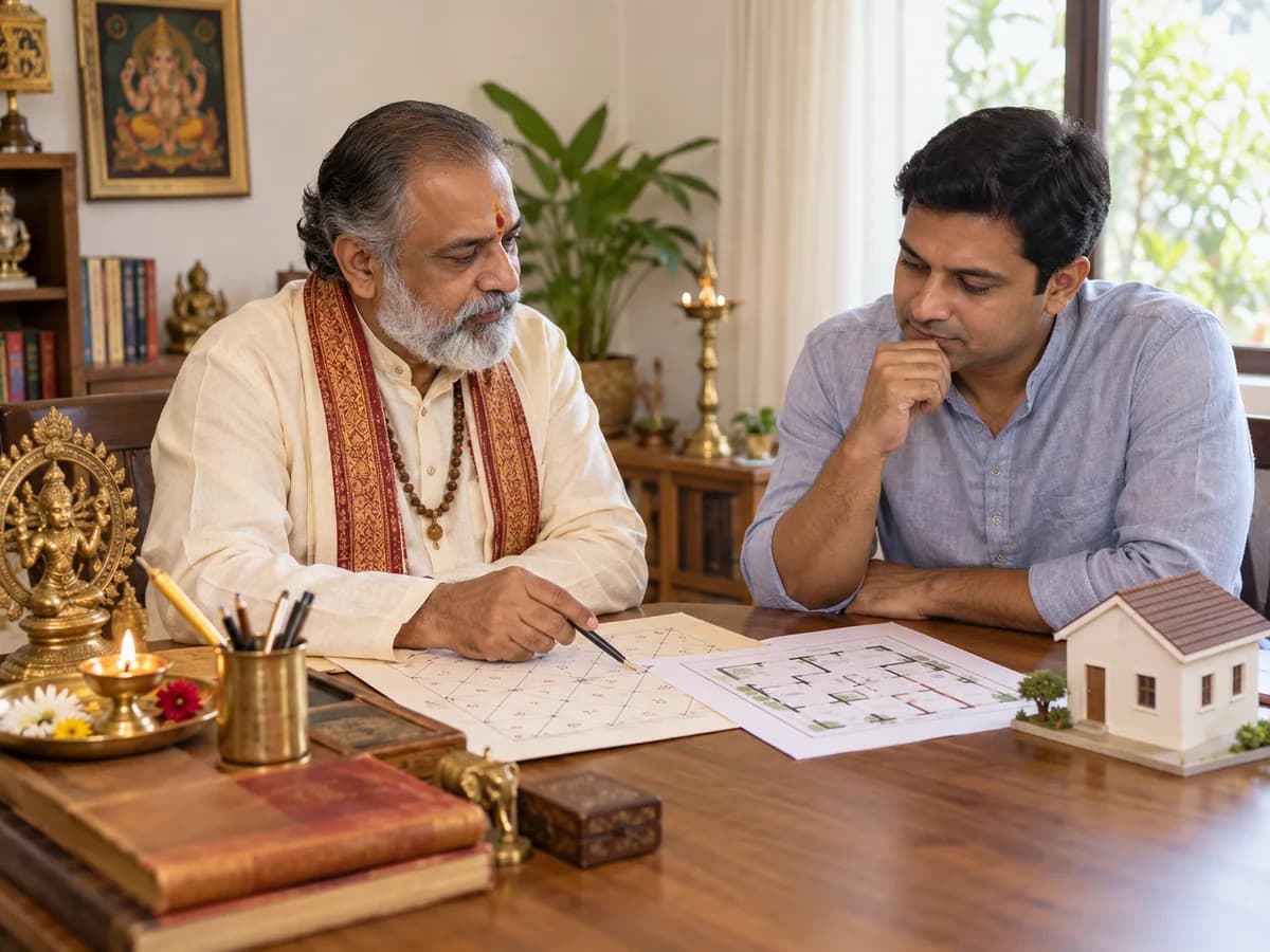 An astrologer and homeowner review a birth chart and house floor plan beside a small house model.