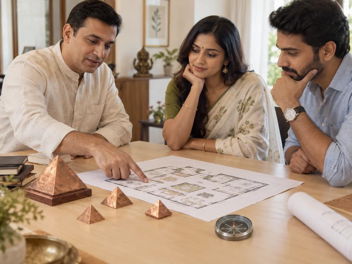 Copper Vastu pyramids, a compass and a floor plan prepared for a placement consultation.