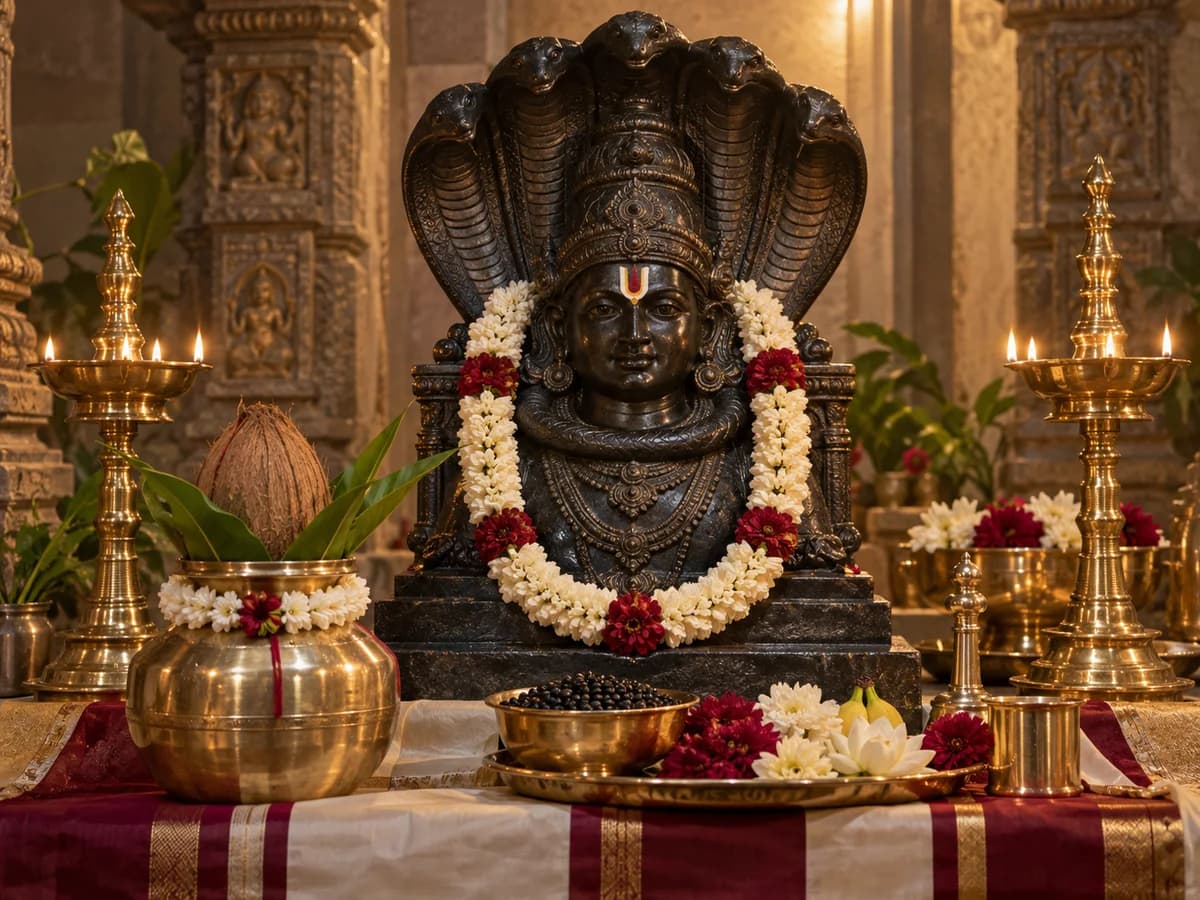 A Rahu shrine with a serpent hood, decorated brass kalash, flowers and a lit oil lamp.