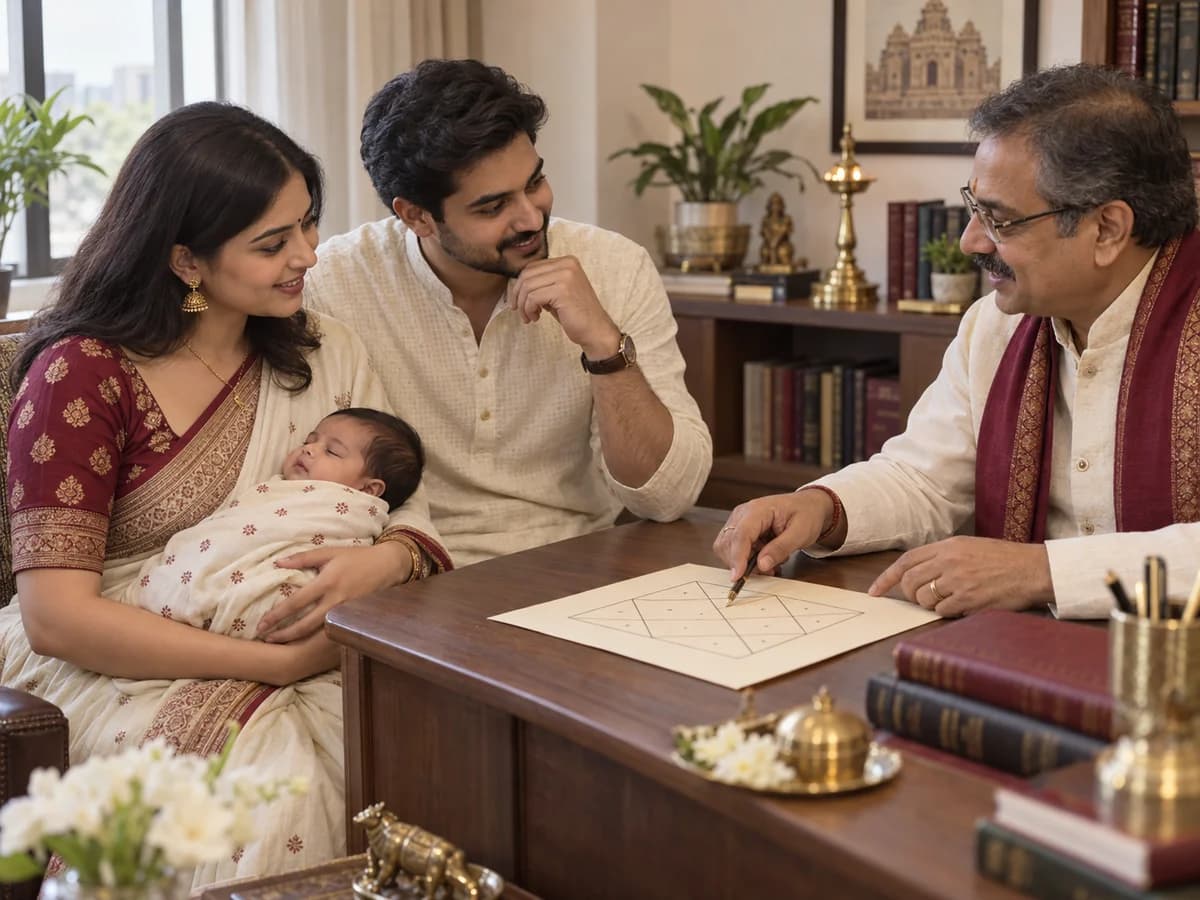 Parents holding their infant discuss Rashi-based naming with an astrologer reviewing a birth chart.