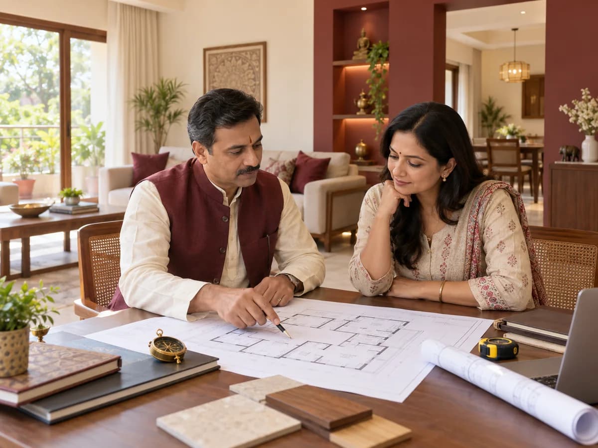 A Vastu consultant and a homeowner review a house floor plan during a home renovation consultation.
