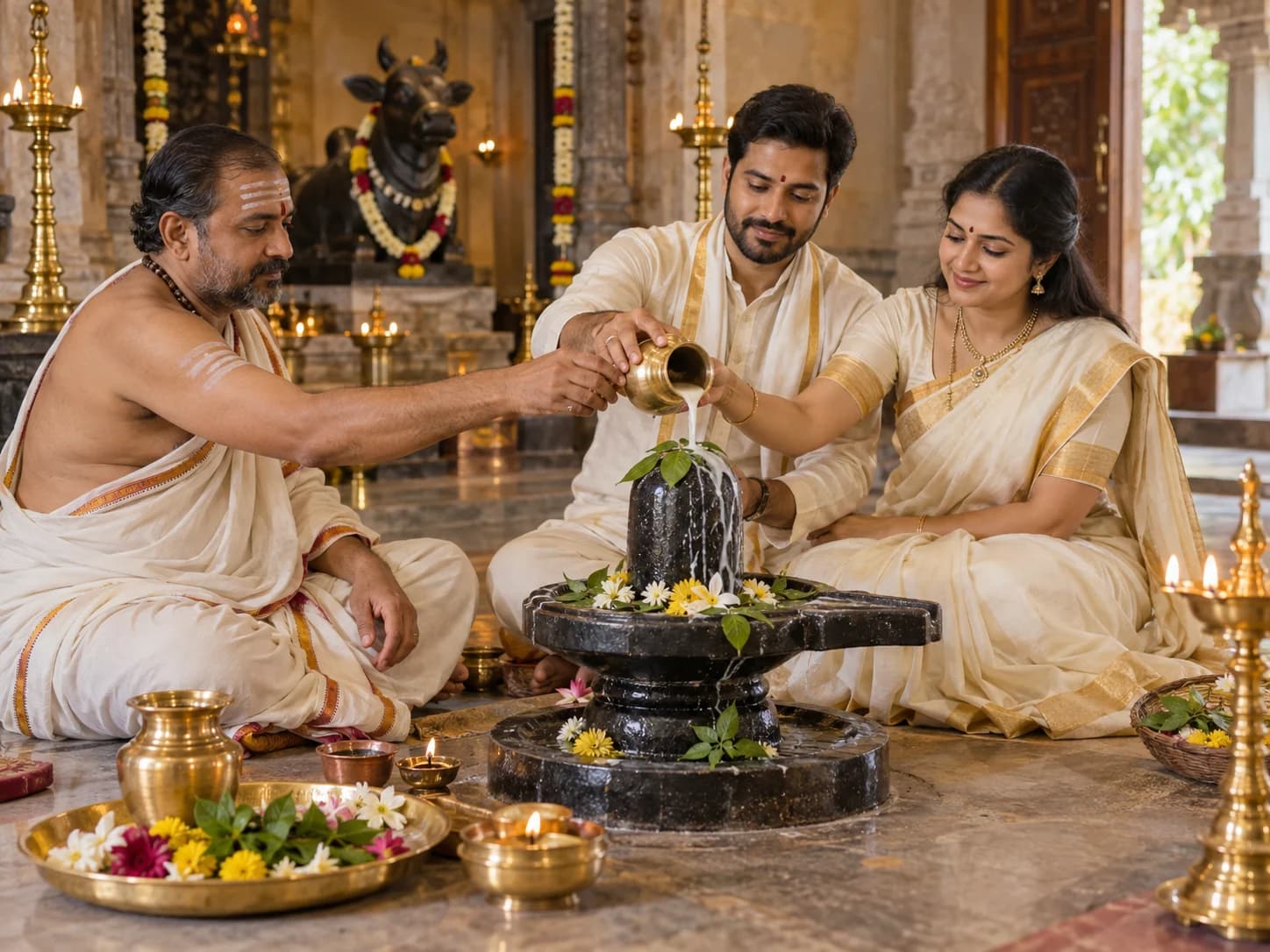 A Purohit guides a couple as they pour milk over a Shiva Lingam during Rudrabhishekam.