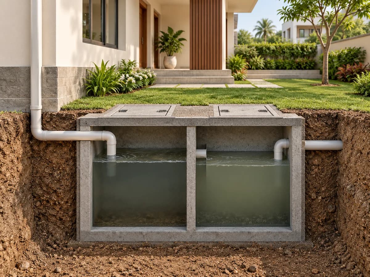 An architectural cutaway illustration of an enclosed underground septic tank beside a home.
