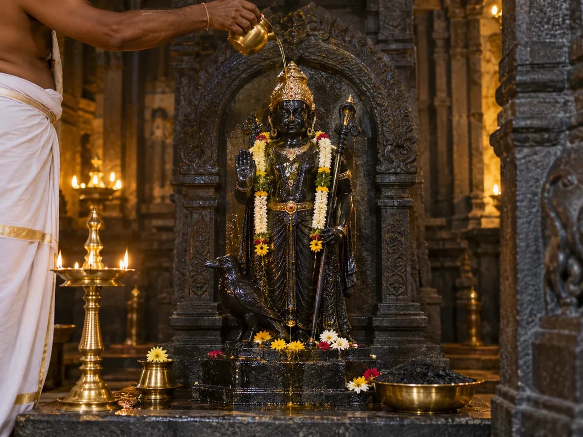 A priest pours sesame oil over a Shani Dev idol with a crow motif, brass lamp and offerings.