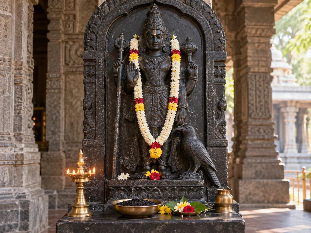 A carved Shani Dev shrine with flowers, a crow motif, a brass lamp and sesame offerings.
