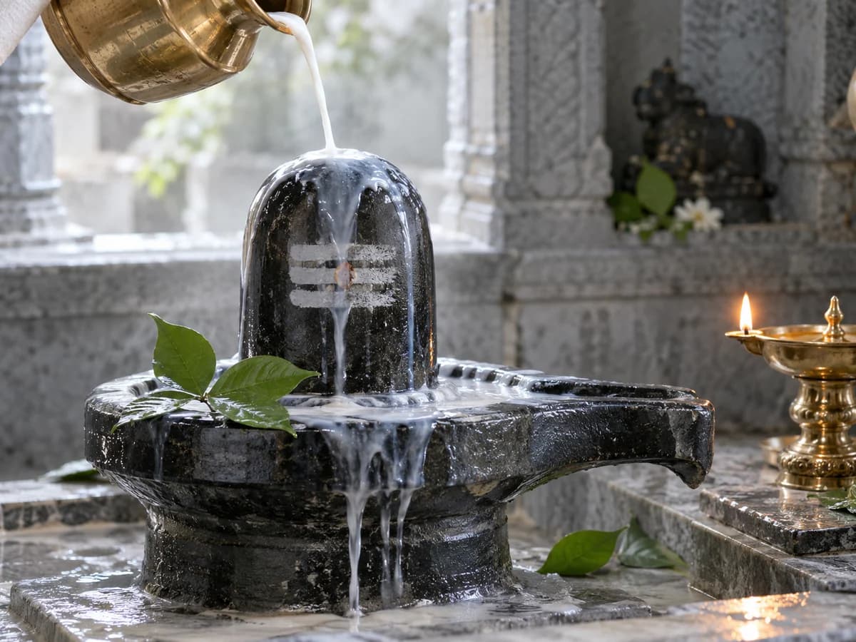 Milk poured over a Shiva lingam with bilva leaves and a brass lamp nearby.