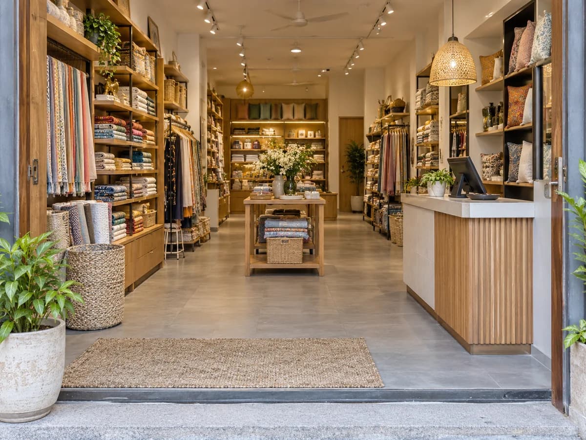 A welcoming retail shop with organized displays, a billing counter and an unobstructed entrance.