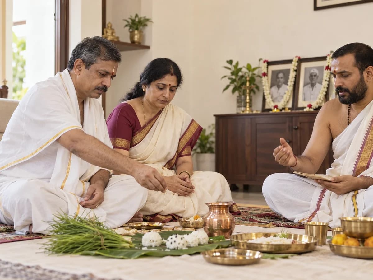 A family observes an annual Shraddha ceremony with guidance from a purohit.