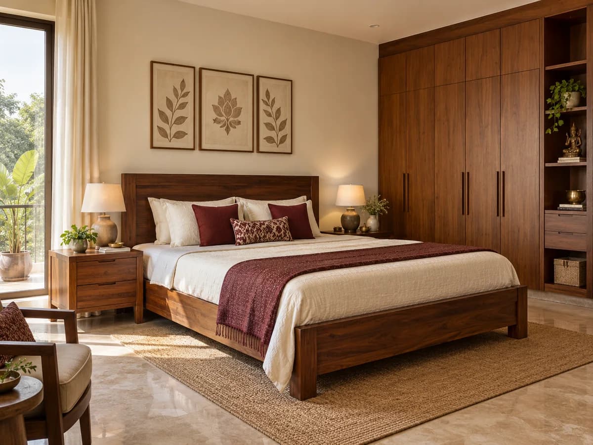 A comfortable Indian bedroom with a solid wooden bed, built-in wardrobe and organized storage.
