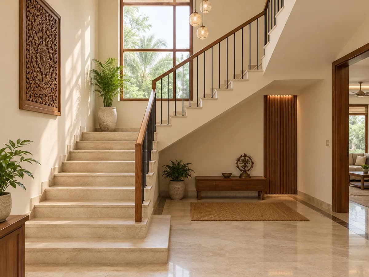 An L-shaped staircase in an Indian home with stone steps, a continuous handrail and a bright landing.