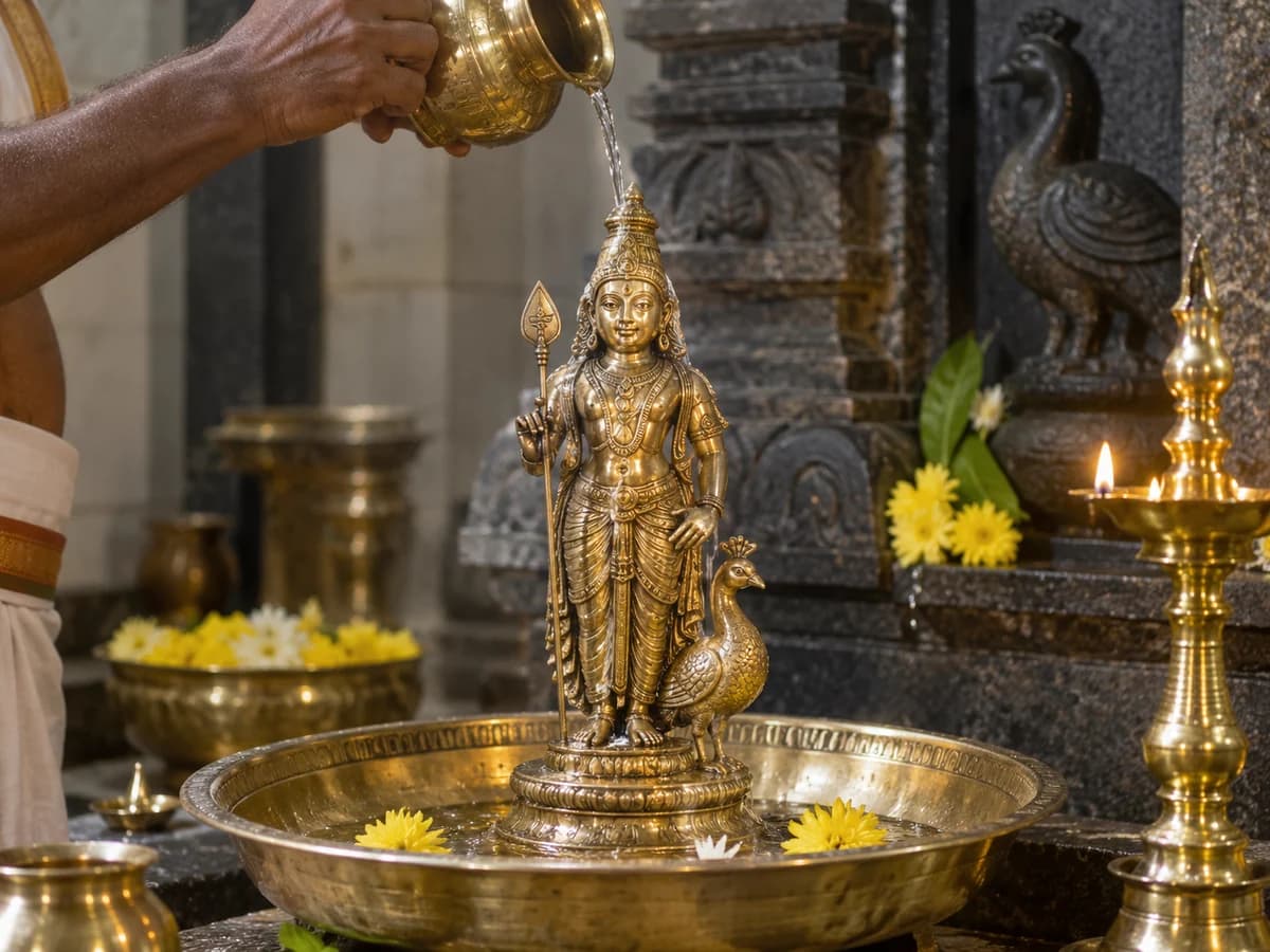 Water offered over a brass Subrahmanya idol beside flowers and a lit oil lamp.