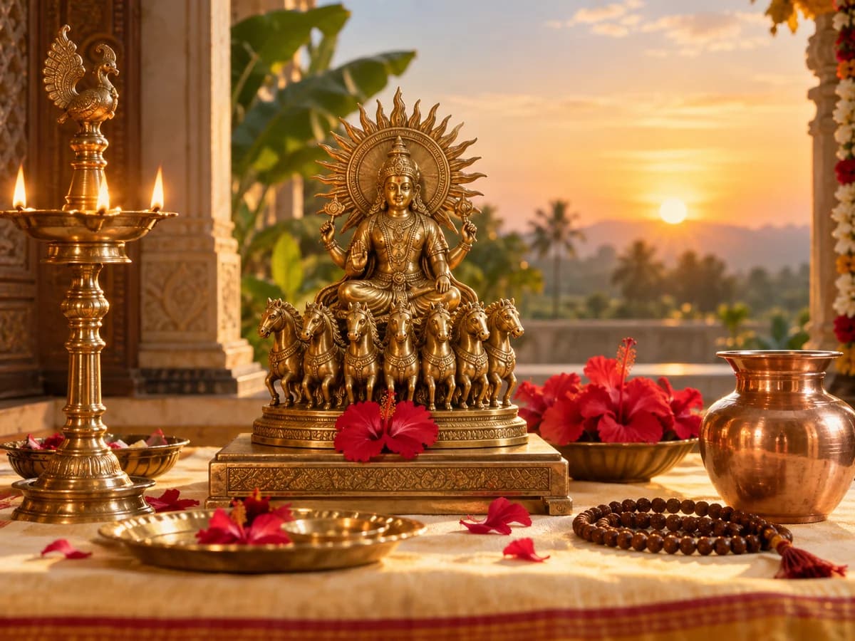 A Surya idol, prayer beads, red flowers and a lamp in warm morning sunlight.