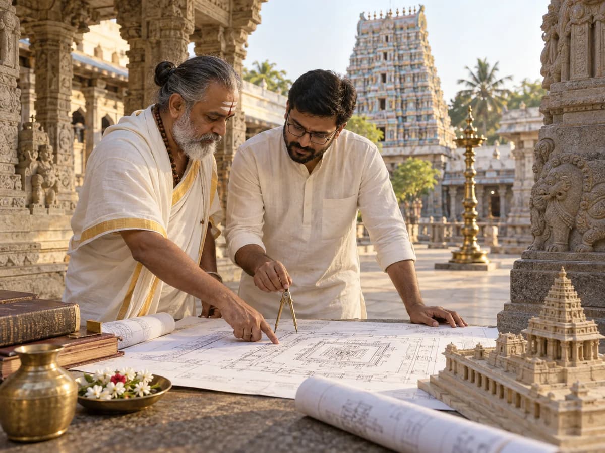 A Vastu consultant and architect review a temple site plan in a South Indian temple courtyard.