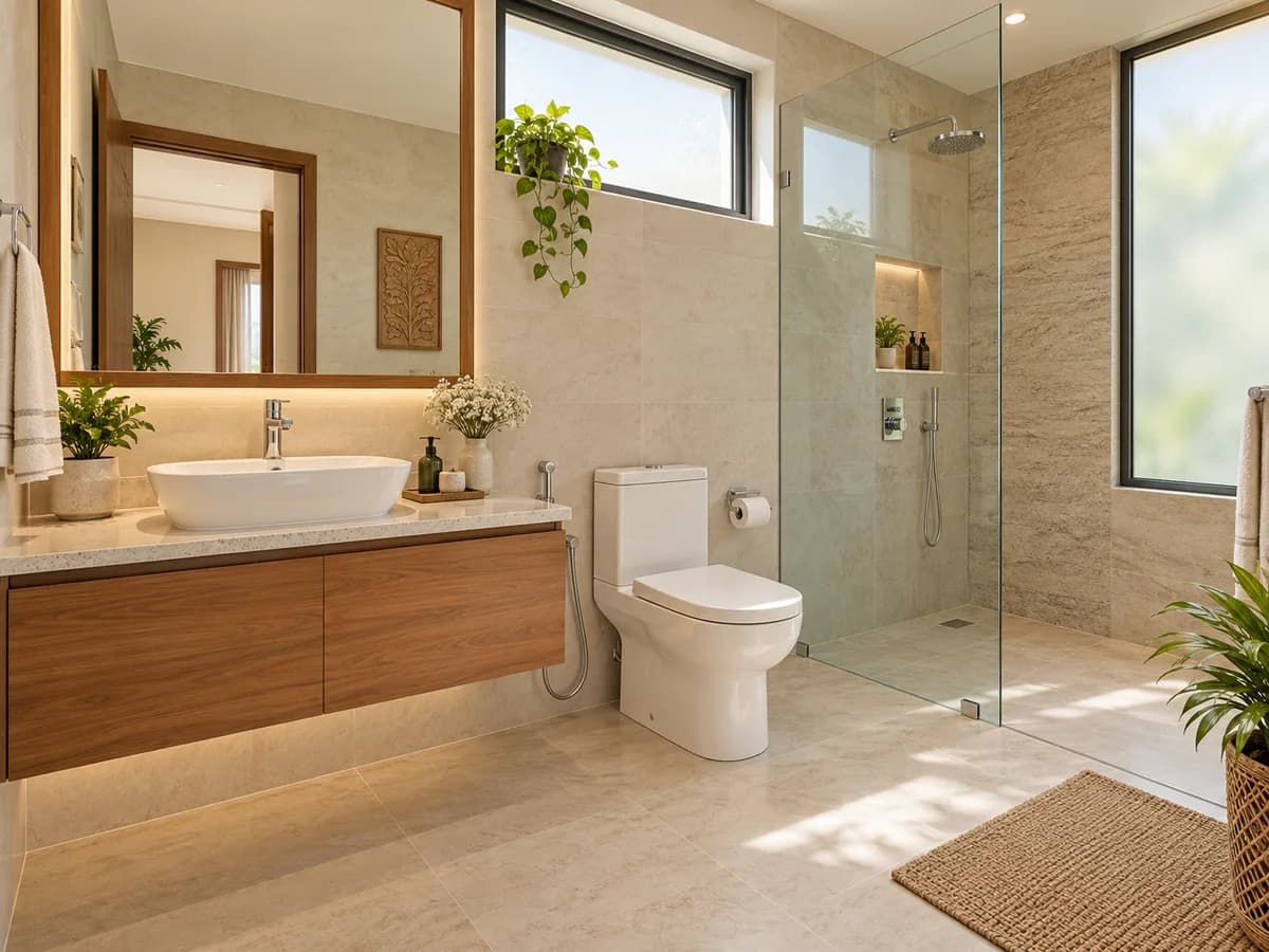 A clean, ventilated home bathroom with a toilet, wash basin and a separate shower area.