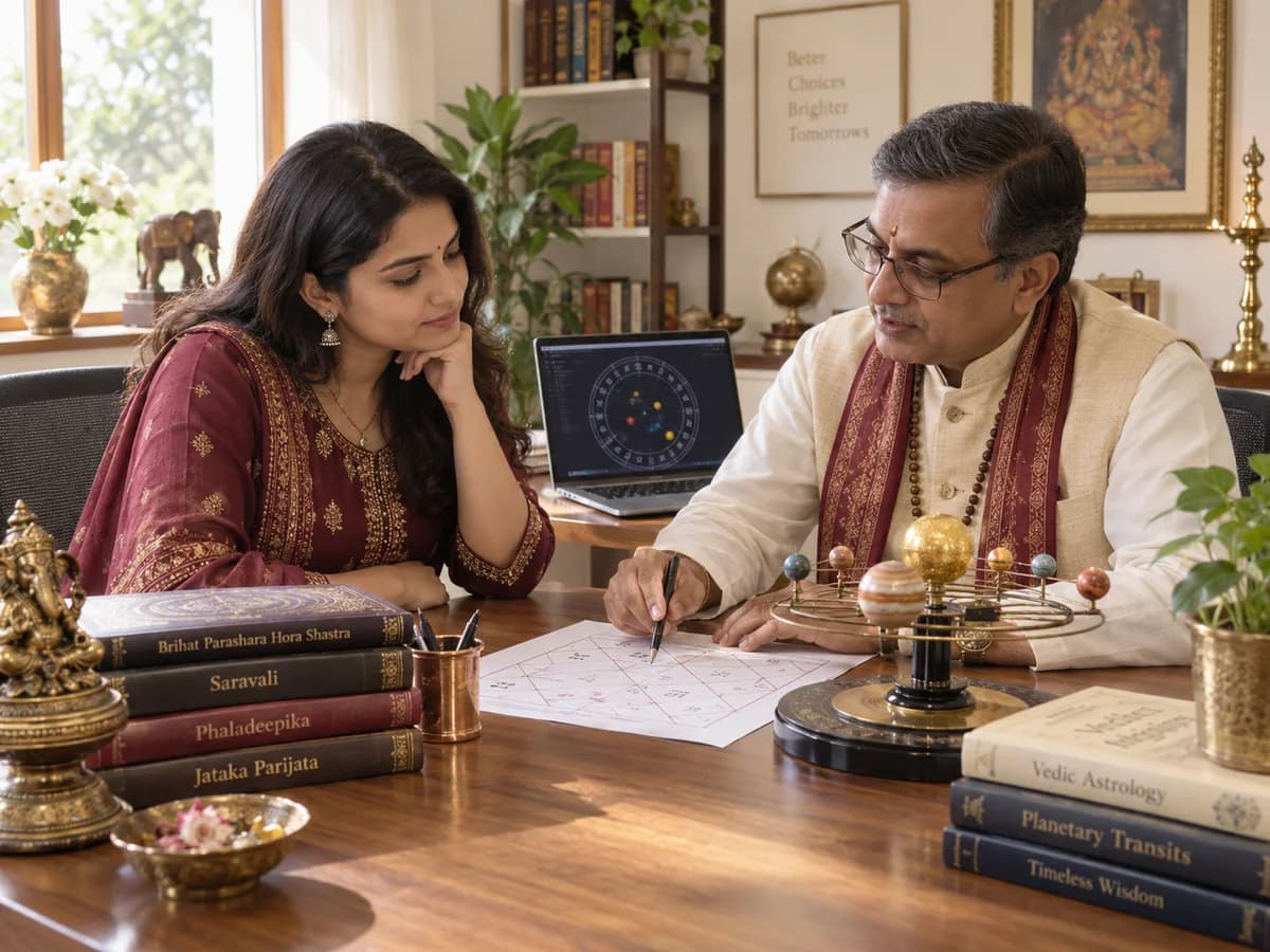 An astrologer and client discuss planetary movements using a birth chart and planetary model.