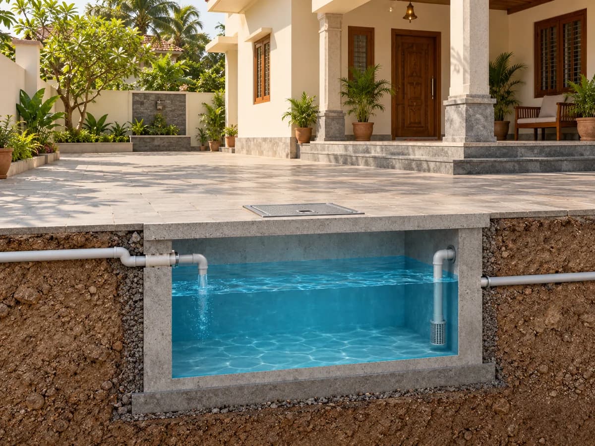An architectural cutaway illustration of an enclosed underground water-storage tank beside a home.