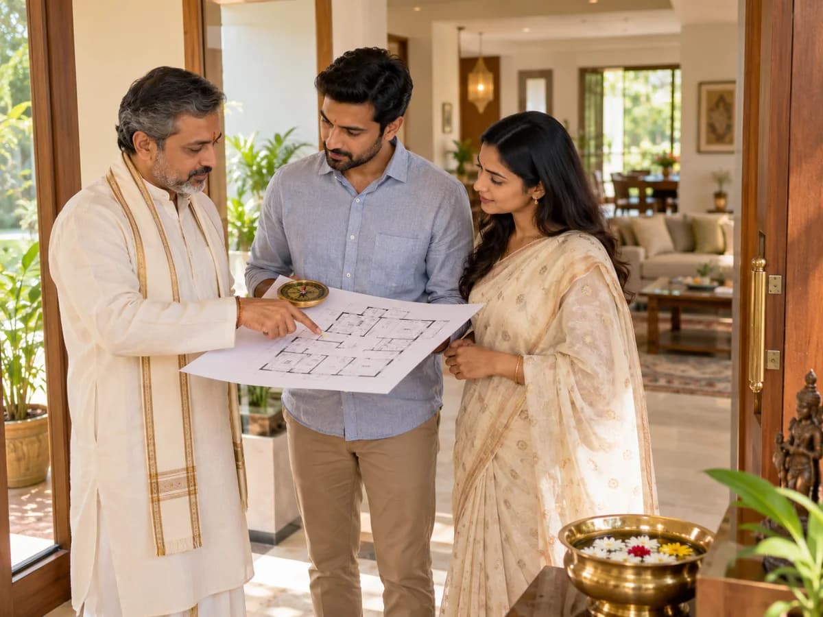 A Vastu consultant and homeowner review a new house floor plan near its bright entrance.