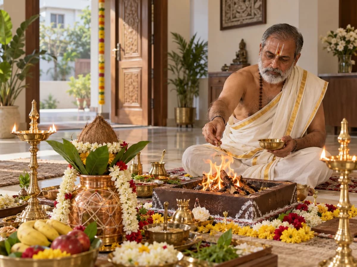 A priest performs Vastu Shanti Puja with a decorated kalash, flowers and a homa kund in a new home.