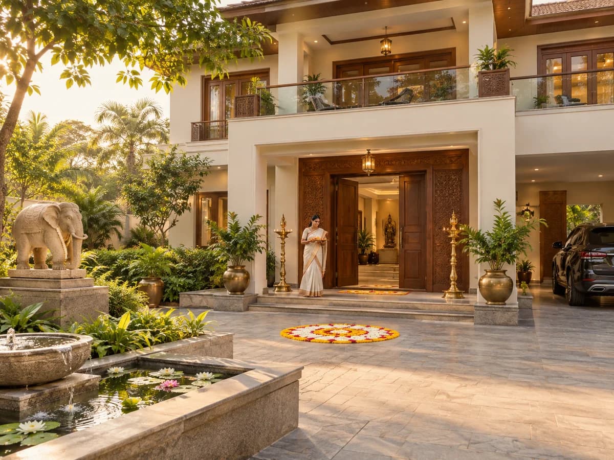 A contemporary two-storey Indian villa with a landscaped garden, balconies and a clear entrance.