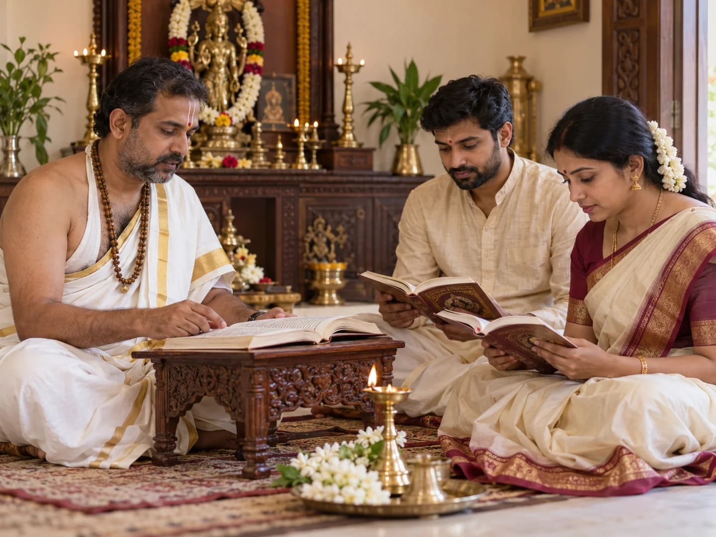 A Telugu Purohit leads a family in recitation from devotional books beside a brass lamp.