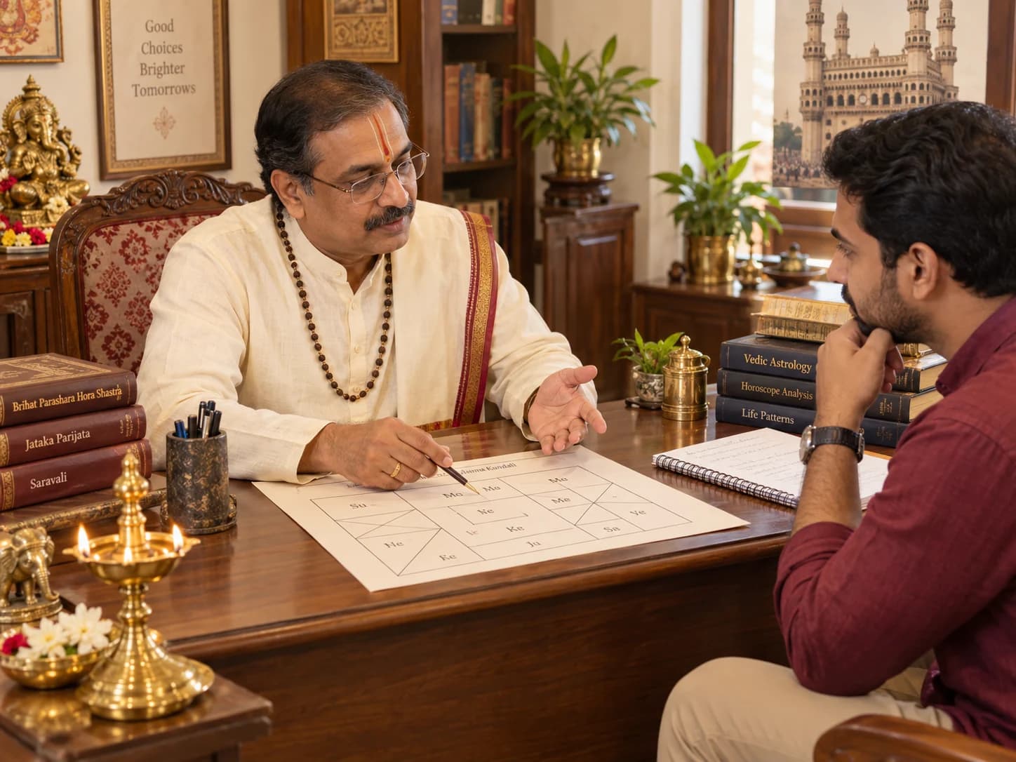 An astrologer explains a birth chart to a client during a consultation.