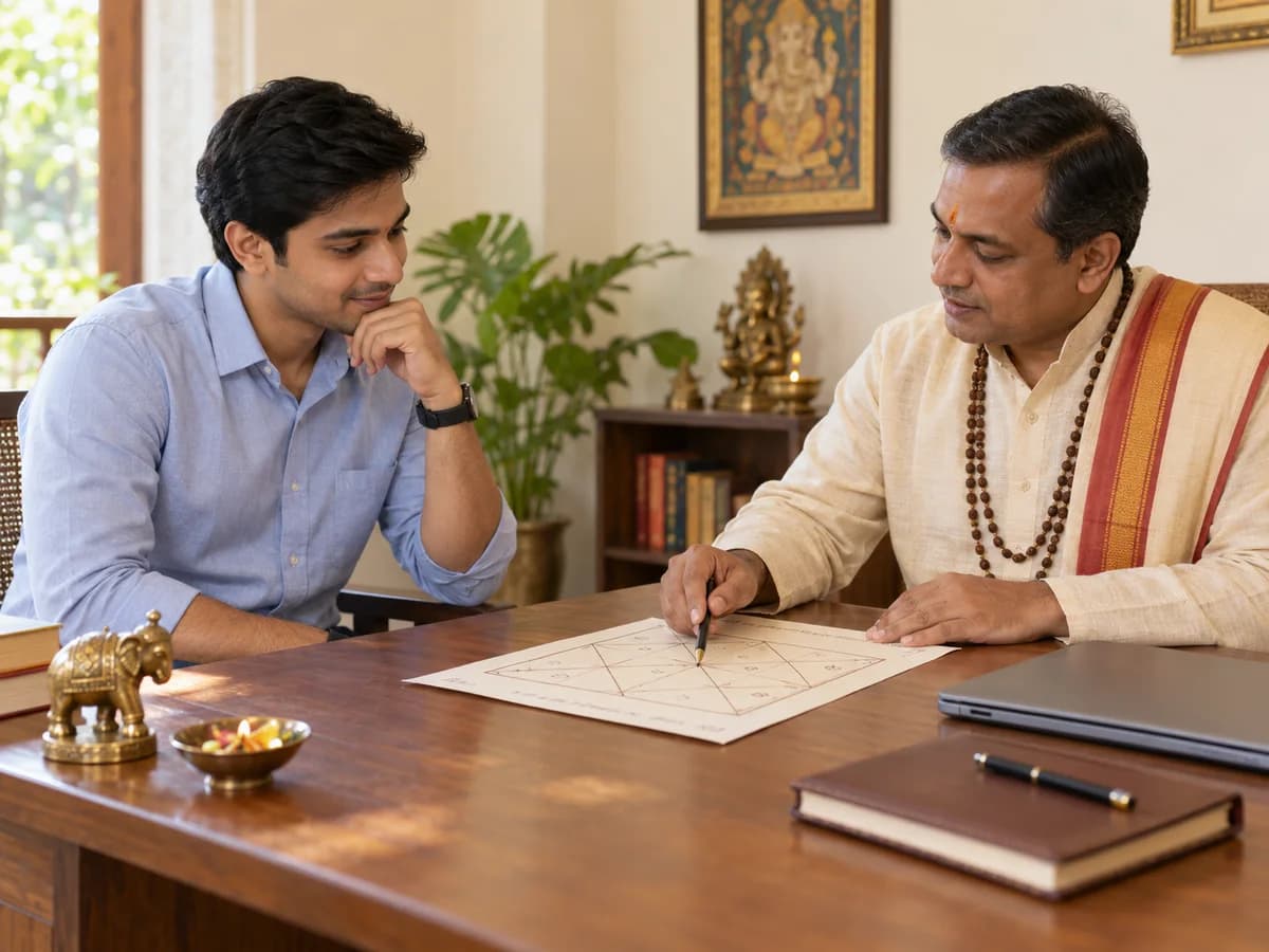 An astrologer discusses career planning with a professional while reviewing a birth chart at a consultation desk.