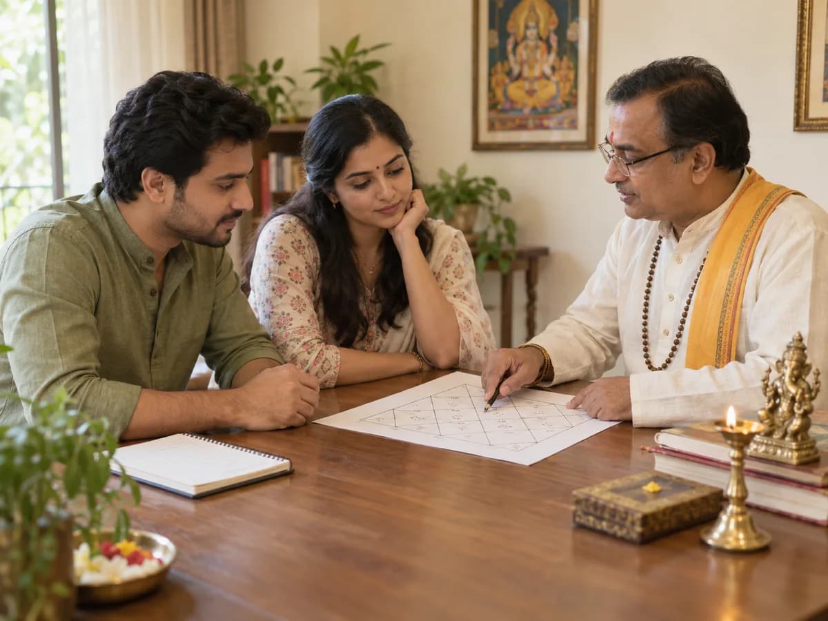 A couple discusses family planning with an astrologer while reviewing a birth chart in a quiet consultation room.