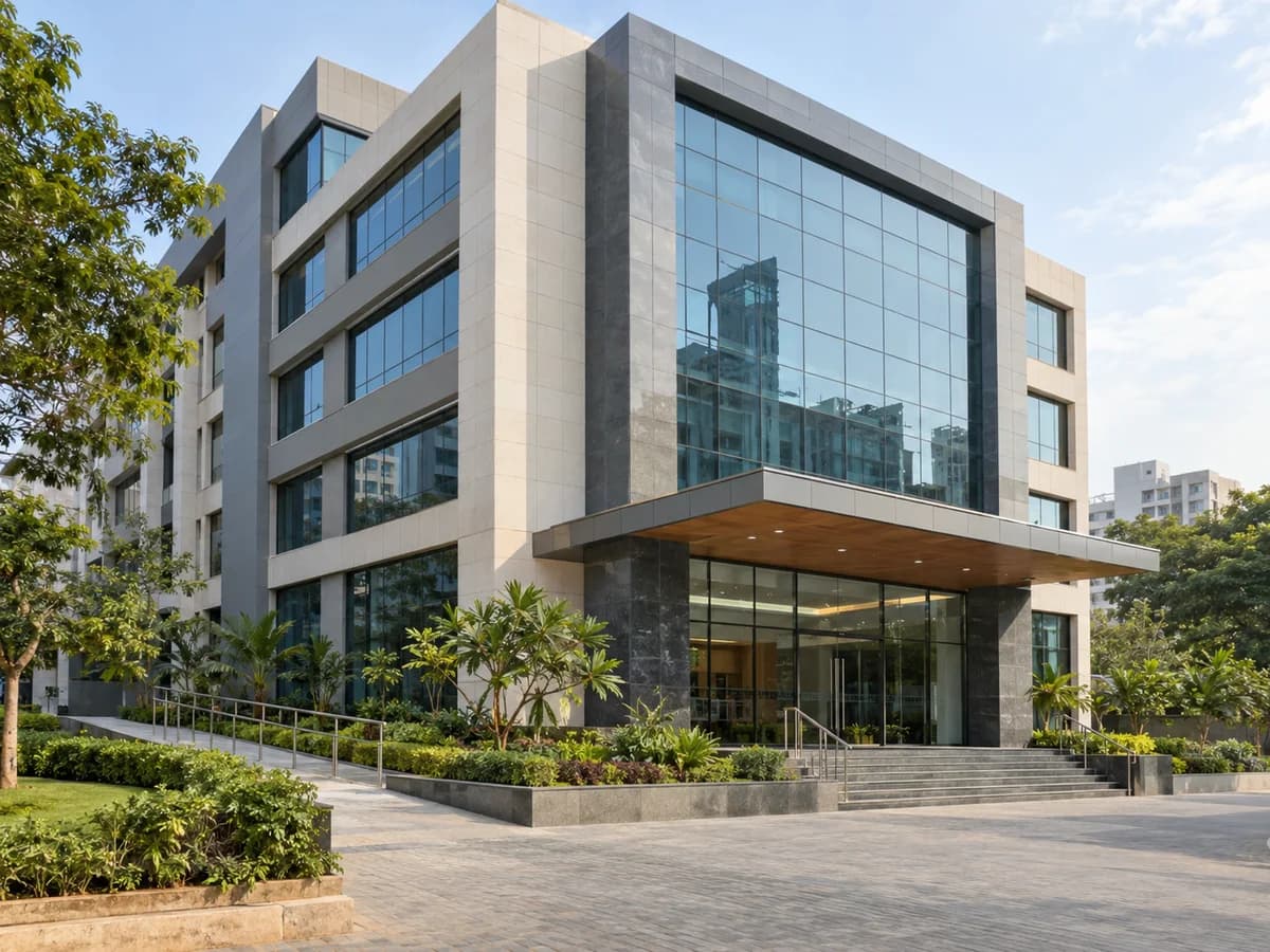 A contemporary commercial building with a defined entrance, landscaped forecourt and accessible walkway.