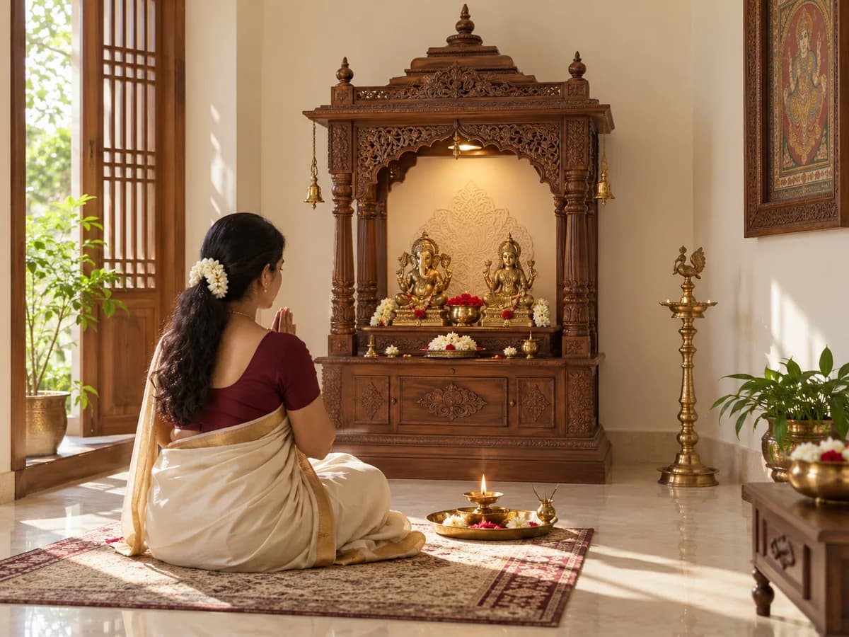 A clean home pooja room with a wooden mandir, traditional brass idols, flowers and a lit diya.