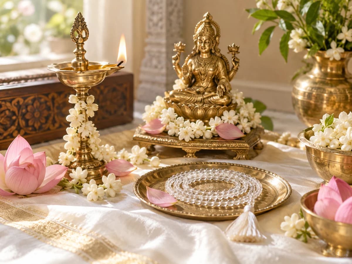 A crystal japa mala, white flowers and a brass lamp arranged for Shukra worship.