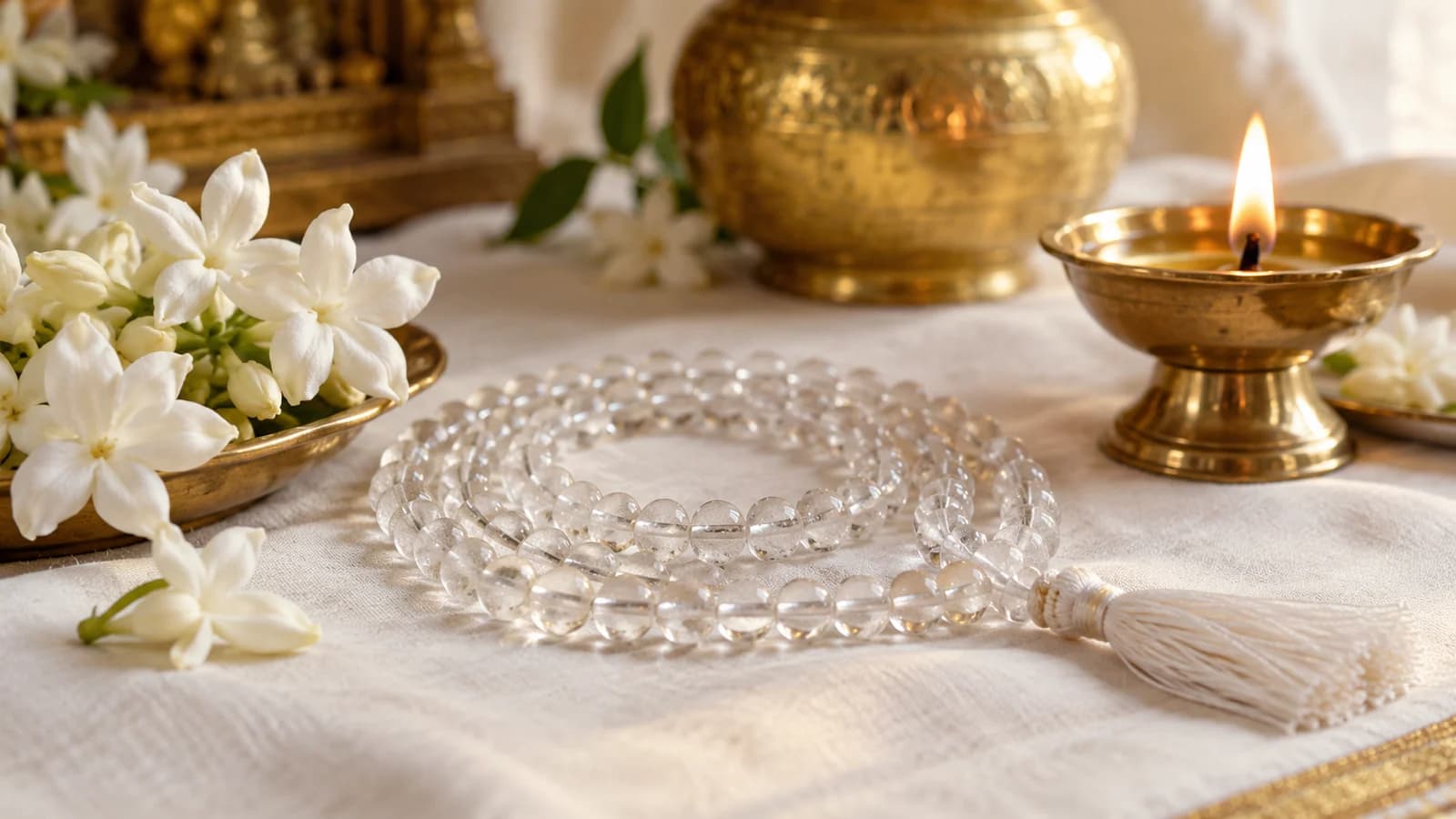 Crystal prayer beads and jasmine flowers beside a lamp for mantra recitation.